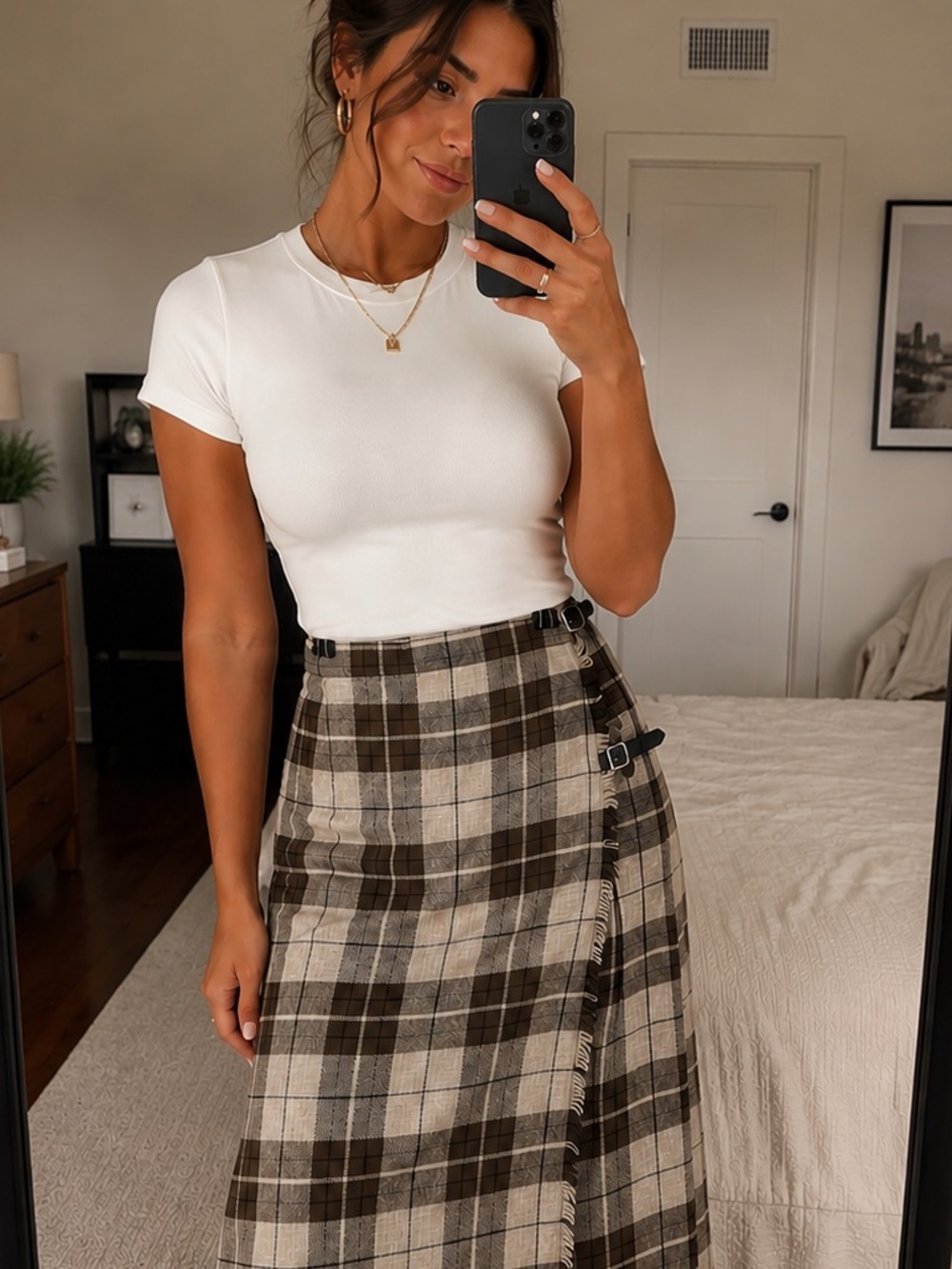 Vintage WOOL Plaid Wrap Midi Skirt in Brown and Cream Tartan